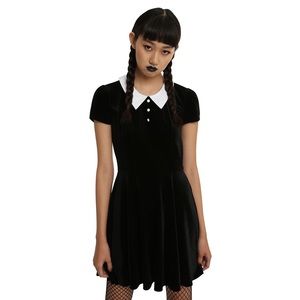 Hot Topic Wednesday Addams Black Velvet White Collar Goth Dress